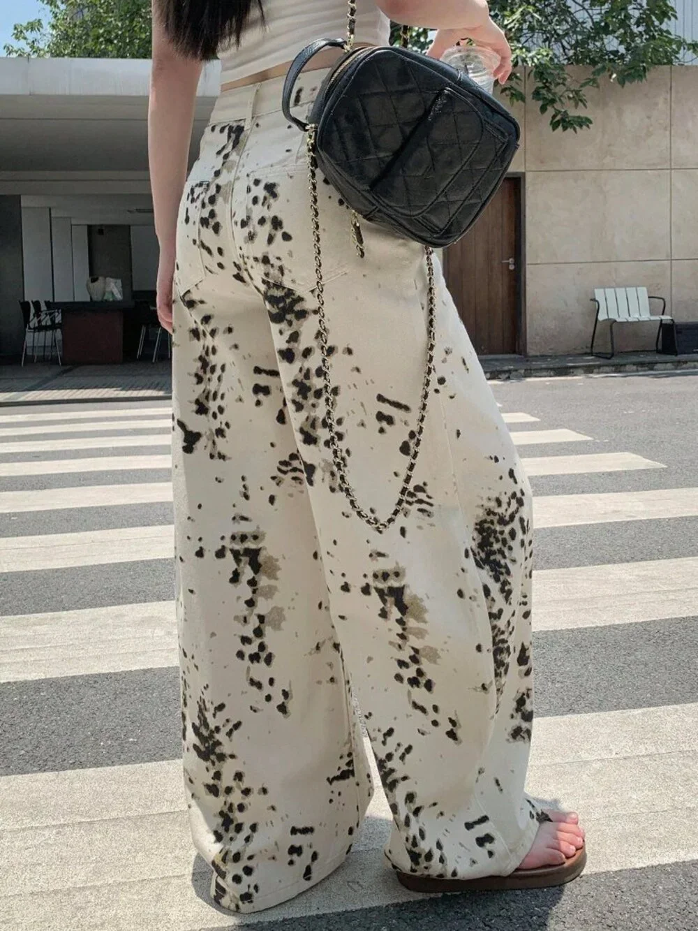 White Casual Women's Textured Random Print Zipper Fly Harem Pants